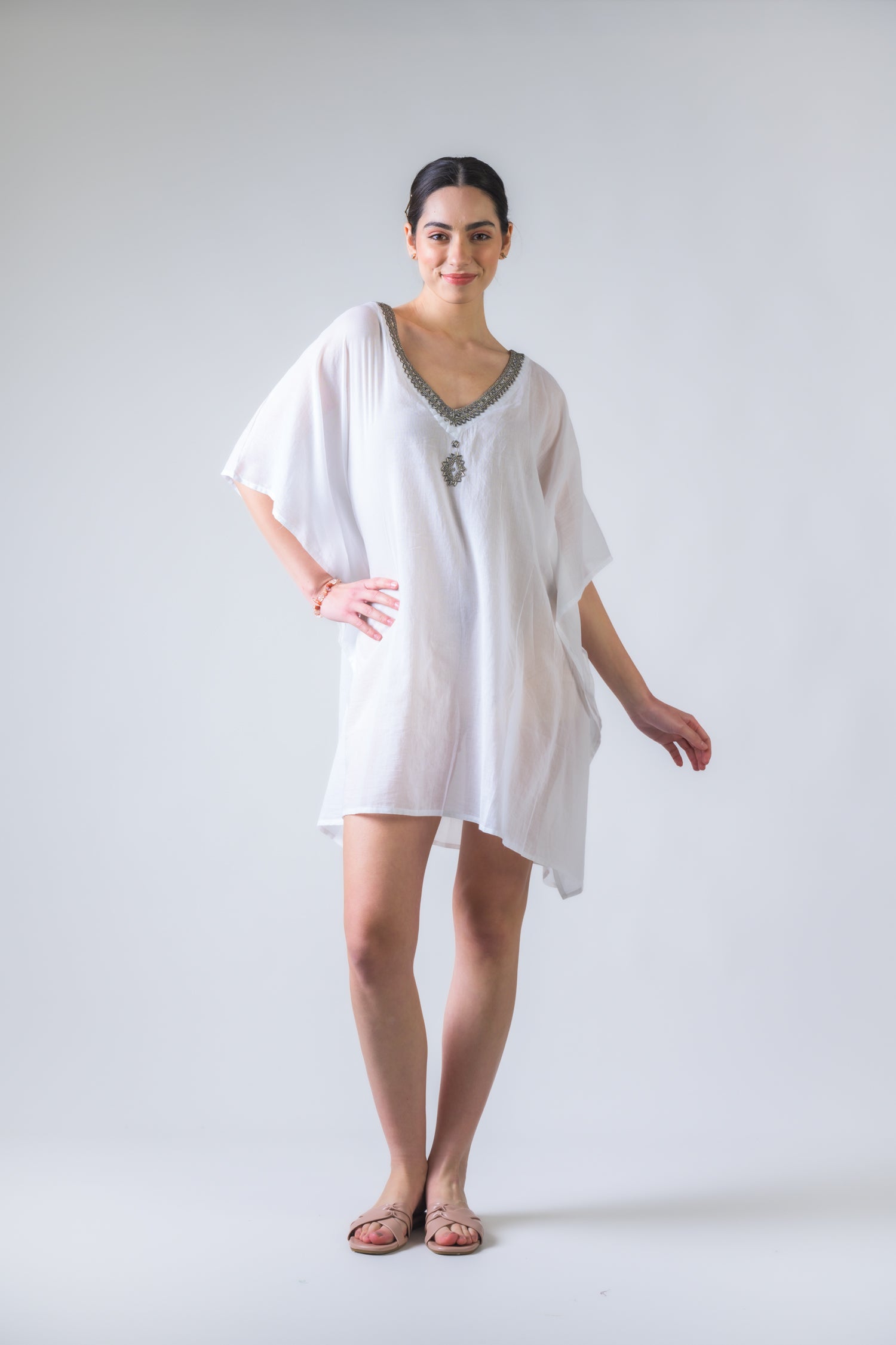 Rhea Bead Embroidered Kaftan Top White / One Size