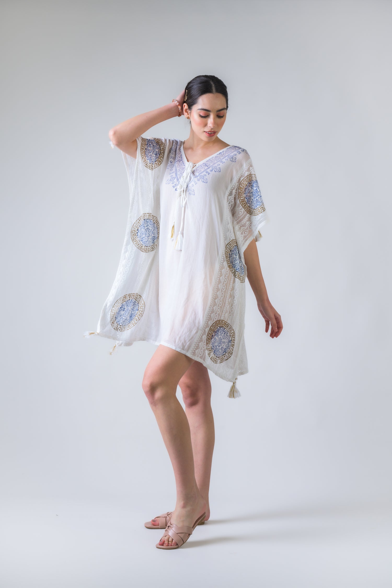 Rhea Open Side Pattern Print Short Kaftan White / One Size