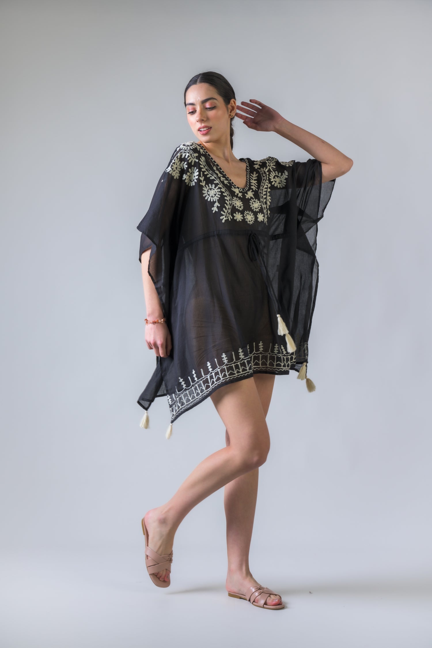 Tie Waisted Embroidered Short Kaftan